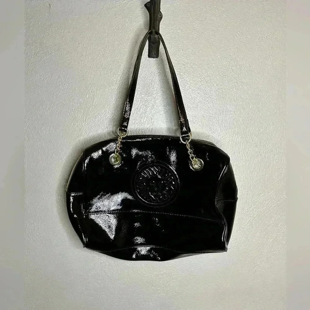 Anne Klein Patent Black Embossed Lion with Gold Accent Purse - Picture 3 of 10
